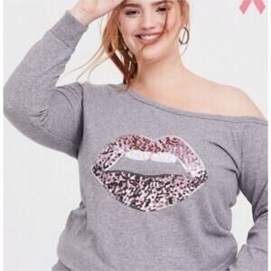 New Torrid Heathered Gray‎ Sequined Lips Off the Shoulder Sweatshirt Top Size 6X